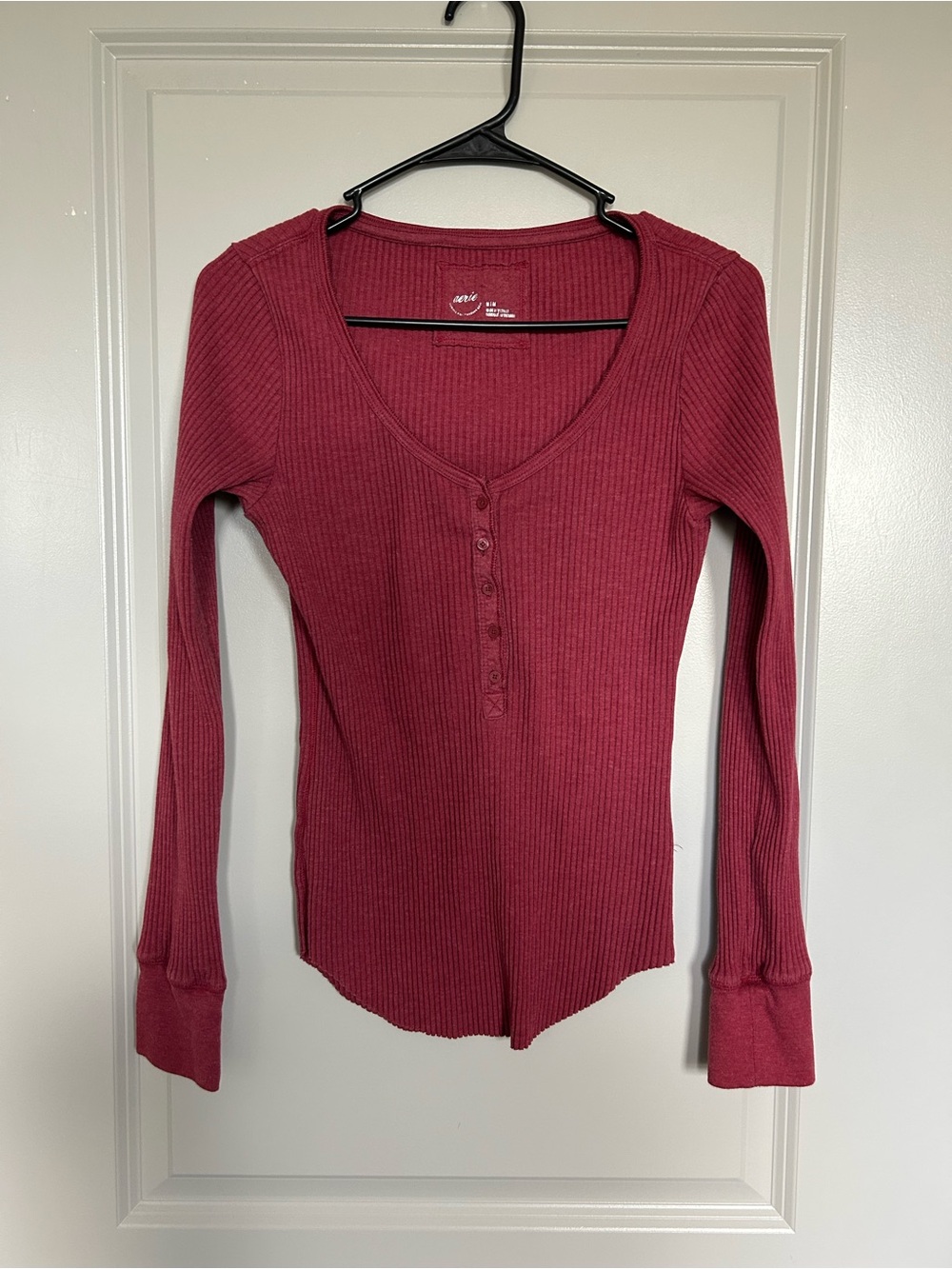 aerie Ribbed Henley Long Sleeve Top - Rosewood